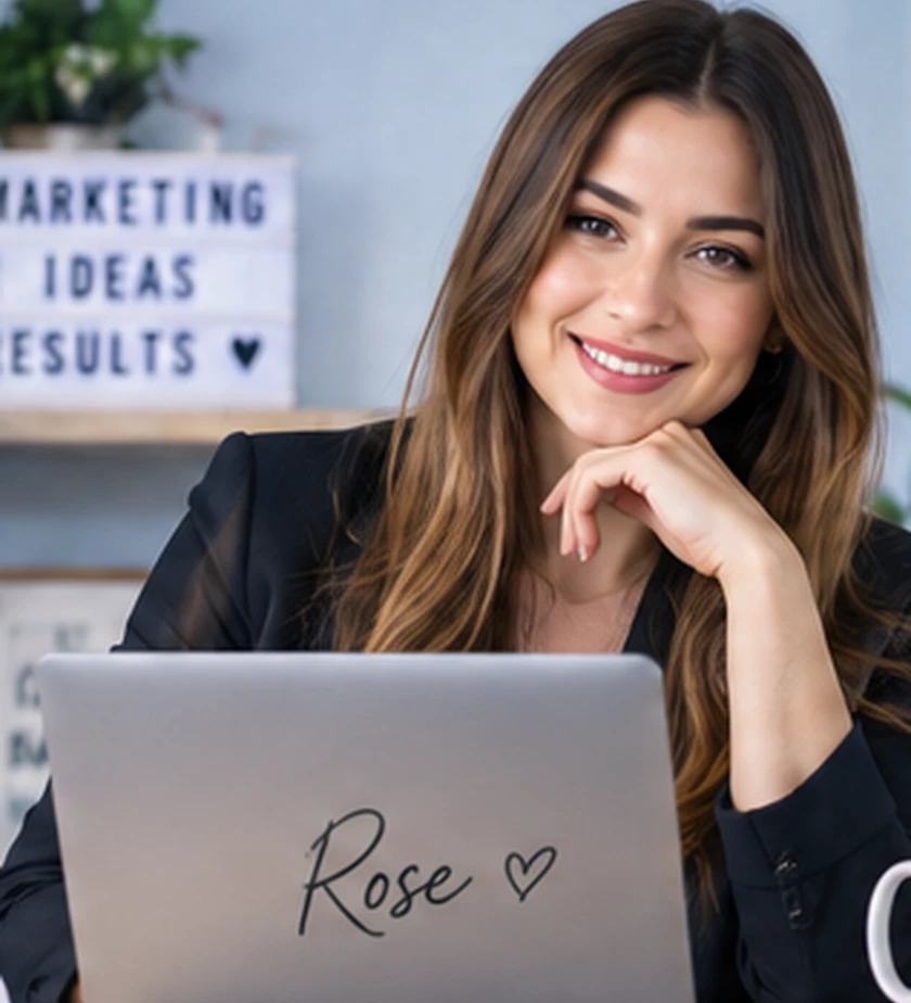 Illustrative AI-generated marketing workspace, not a portrait of Rose or a client